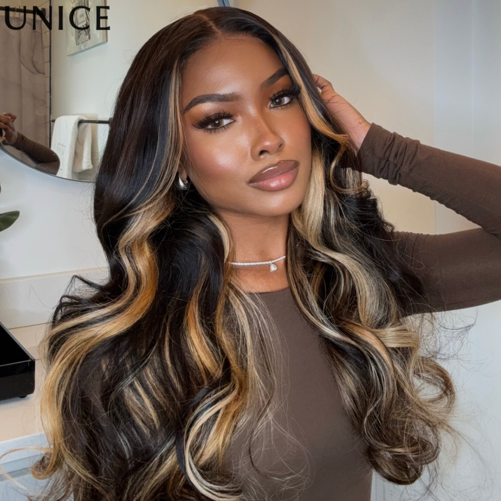 UNice 7x5 Bye-Bye Slip ™   Lace Butterscotch Highlights Braune Loose Wave Echthaarperücke ohne Kleber mit Gesichtsrahmen-Lagen