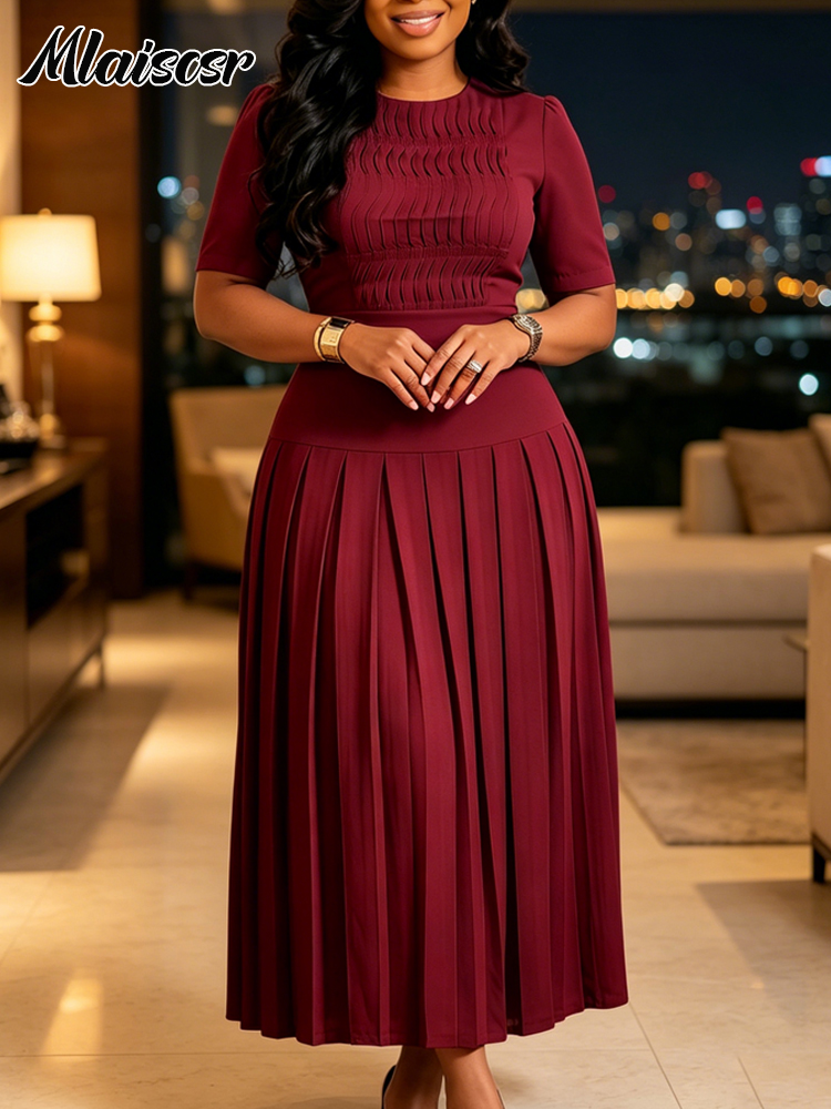 Vestido Maxi Elegante Plisado para Mujer Mlaiscsr, Color Borgoña, Cuello Redondo, Media Manga, Falda Fluida en Línea A, para Iglesia, Bodas, Eventos Formales