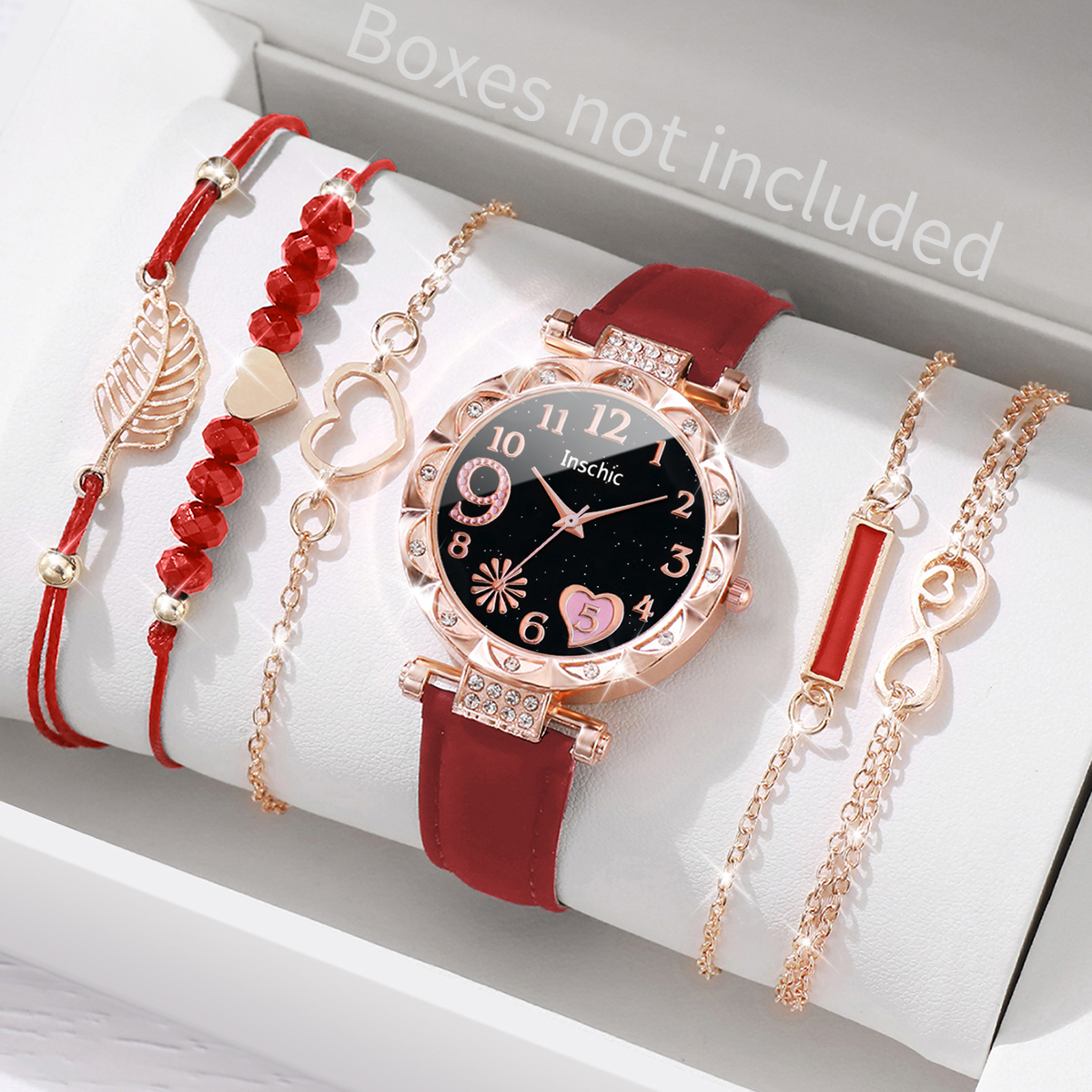 6pcs/set Fashion Women Watches Luxury Rhinestone Leather Band Quartz Watch Bracelets Set Relogios Feminino（Without Box））