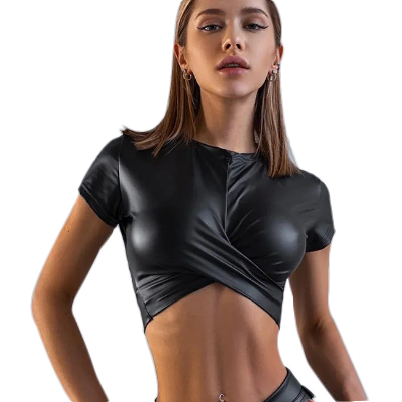 Camiseta sin mangas de cuero PU para mujer, camisola recortada de cuero falso, Top corto Sexy de manga corta, color negro, novedad