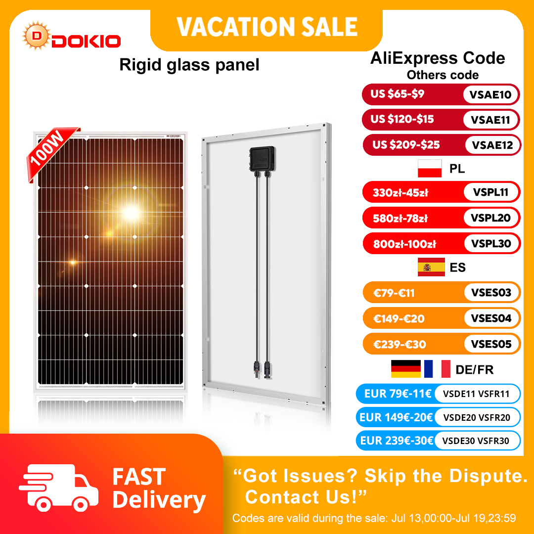 Panel Solar Rígido DOKIO de 18V y 100W, Panel Solar Monocristalino de Silicio a Prueba de Agua de 18V, Carga de 12V # DSP-100M para Camping/Hogar/Autocaravana