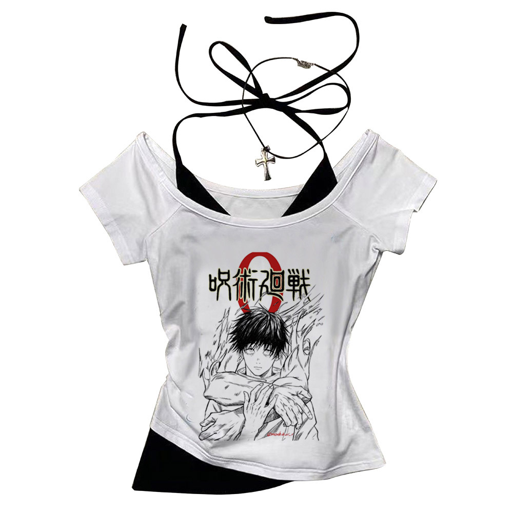 Jujutsu Kaisen Gojo crop top Slim Fit น่ารักฤดูร้อน babydoll น่ารัก shoujo สาวสไตล์รัดตัวความงาม 2000s ผู้หญิงเสื้อยืด