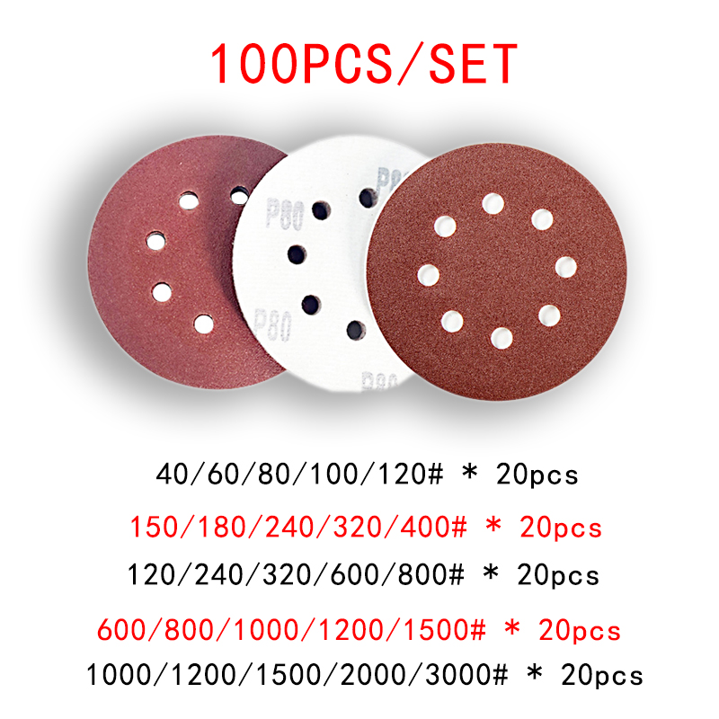 사포 세트 5 인치 8 홀 125mm 목공 금속 그라인딩 디스크 연마 연마 도구 40/80/120/1000/2000 그릿 샌딩 디스크