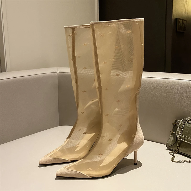 Eilyken Sepatu Bot Setinggi Lutut Wanita Jaring Seksi Sepatu Sandal Ritsleting Modis Ujung Lancip Hak Tipis Sepatu Zapatillas De Mujer