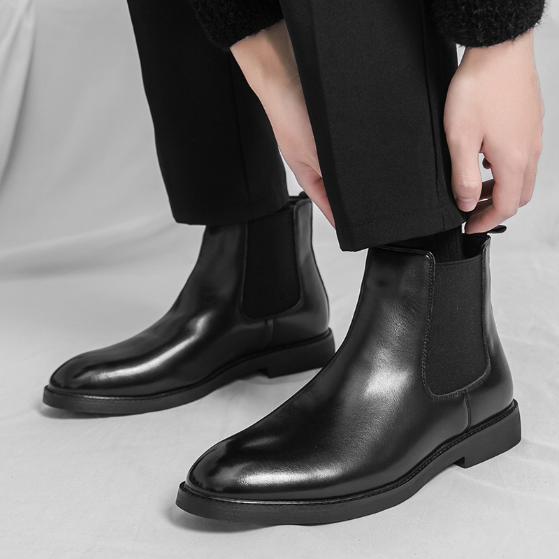 Modne męskie buty skórzane w stylu brytyjskim i koreańskim, casualowe, wysokie, sznurowane, botki jeździeckie, sztyblety Chelsea, eleganckie botki biznesowe ze szpiczastym noskiem.
