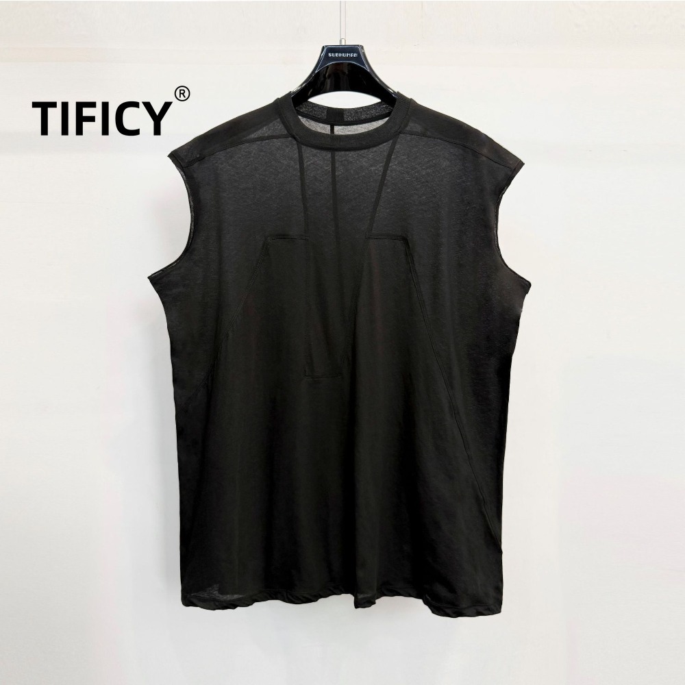 High Street Tees RO Dark Style Tanks Pria Hitam Kasual Longgar Oversized Warna Solid Rompi Tank Top Tanpa Lengan Kaos