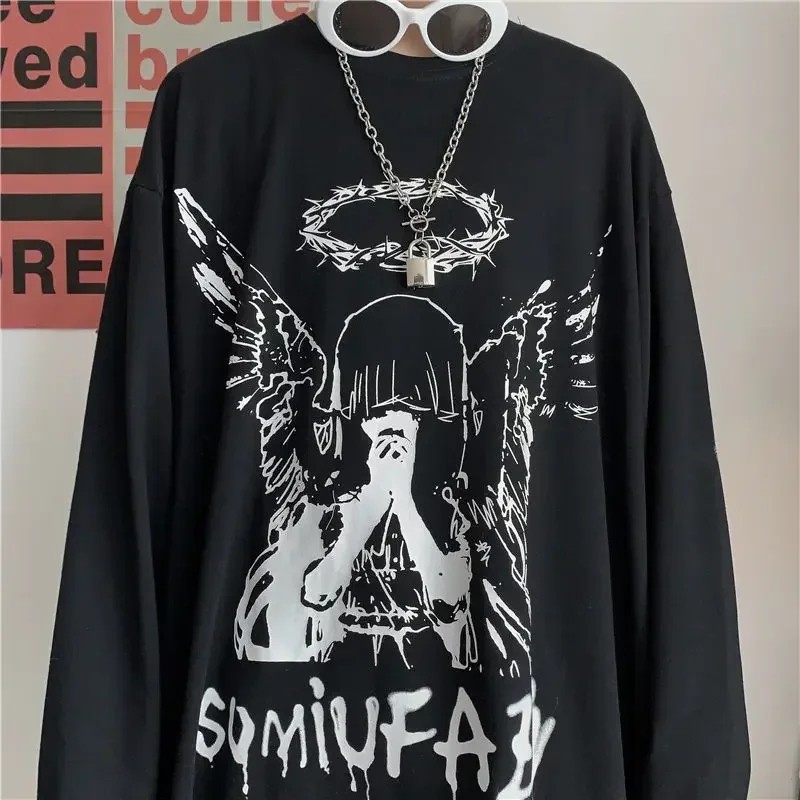 남성용 T 셔츠 가을 Y2k 티셔츠 streetwear 오버 사이즈 긴 소매 애니메이션 티셔츠 하라주쿠 고딕 빈티지 그래픽 만화 티셔츠
