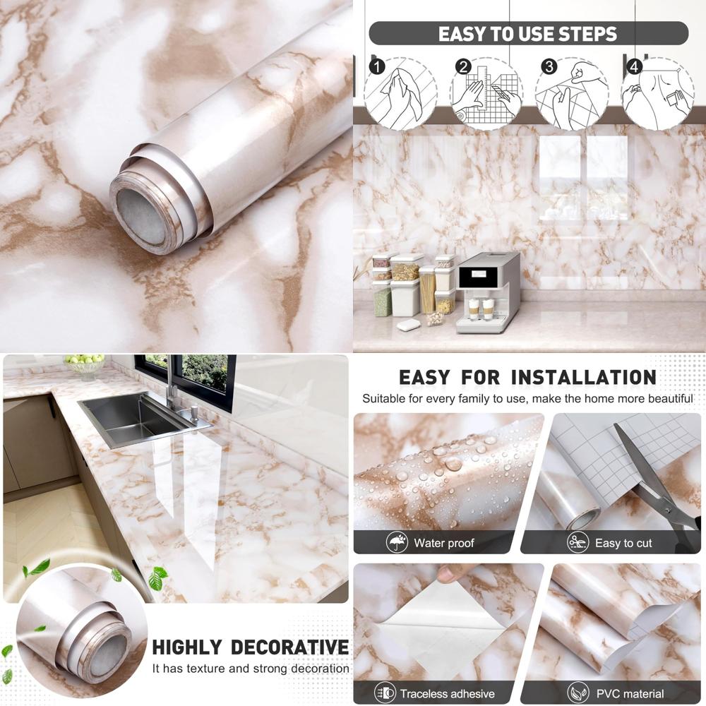 Glossy Waterproof Peel and Stick Marble Contact Paper for Countertops and Furniture - Easy Removable, Self-Adhesive, White and Y