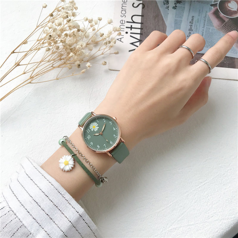 Reloj para niños estilo Harajuku Daisy, relojes simples de cuarzo de cuero verde y rosa para niñas con pulsera, caja de Reloj, Reloj de regalo