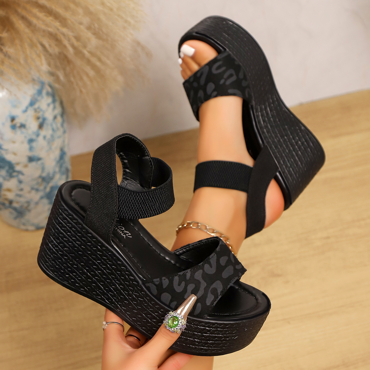Frauen Keil High Heel Peep Toe Sandalen Leopard Plattform Sandalen Damen Dicke Sohle Sommer Schuhe Espadrilles Zapatillas Mujer