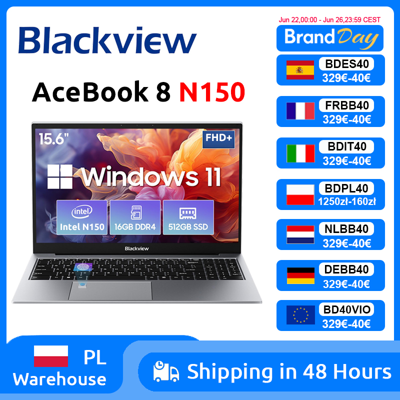 Laptop Blackview AceBook 8 15,6 cala Procesor Intel N150 16 GB RAM 512 GB SSD + możliwość rozszerzenia do 1 TB Windows 11 Home 15,6 cala