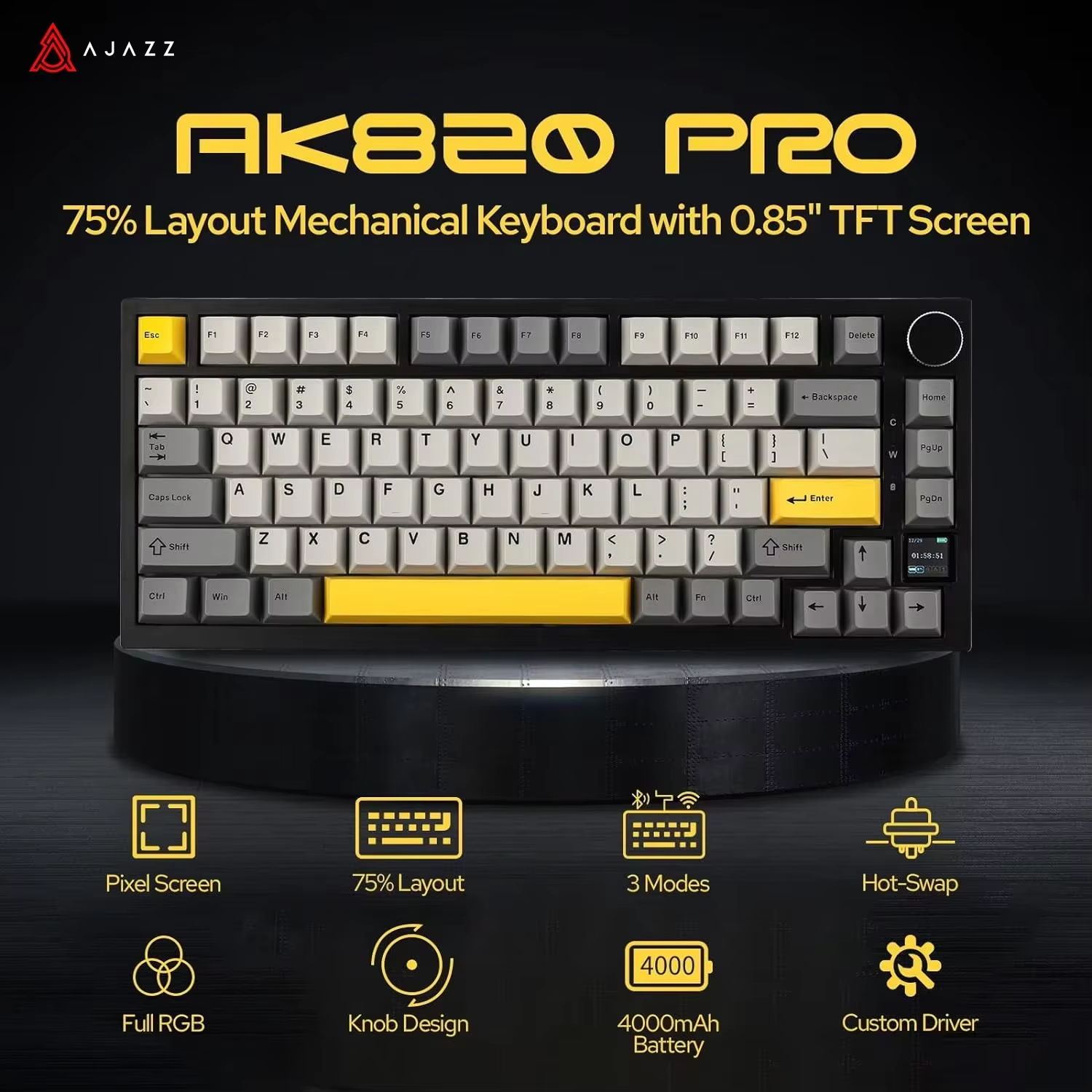 AJAZZ AK820/AK820Pro คีย์บอร์ดหน้าจอ TFT มัลติฟังก์ชั่นลูกบิดคีย์บอร์ดแบบมีสาย/2.4 GHz/BT เชื่อมต่อ PC คีย์บอร์ด