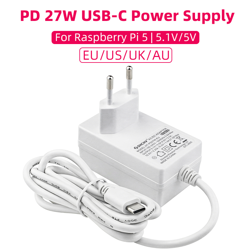 Raspberry Pi 5 Voeding PD 27W 5.1V 5A USB Type-C EU US UK AU Stekker voor Australië Stroomadapter