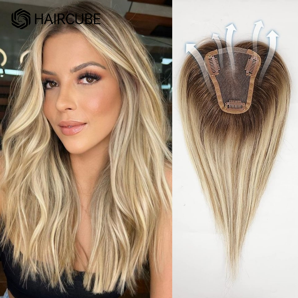 Toppery do włosów Część środkowa Kobiety Ludzkie włosy Topper z koronkową podstawą Klips do przedłużania włosów Blond Balayage Brązowe ludzkie treski