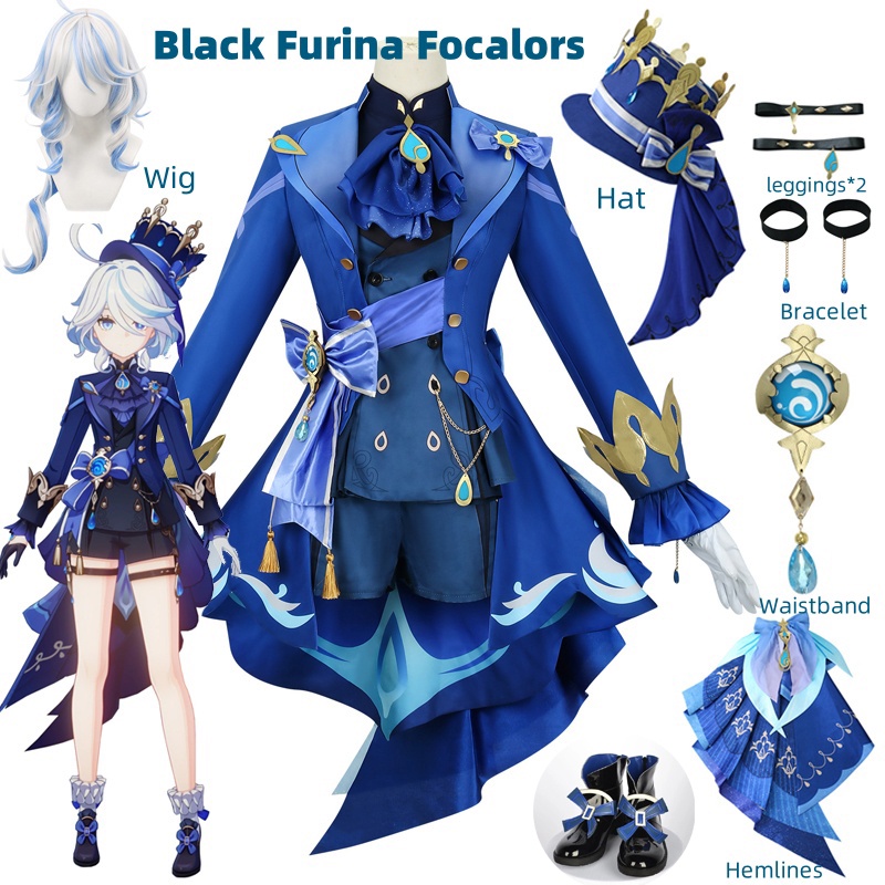 Furina Cosplay Kostüm Perücke Haar Impact Fontaine Focalors mit Hut Schwarze Anzüge High Heel Cosplay Schuhe für Frauen Outfits