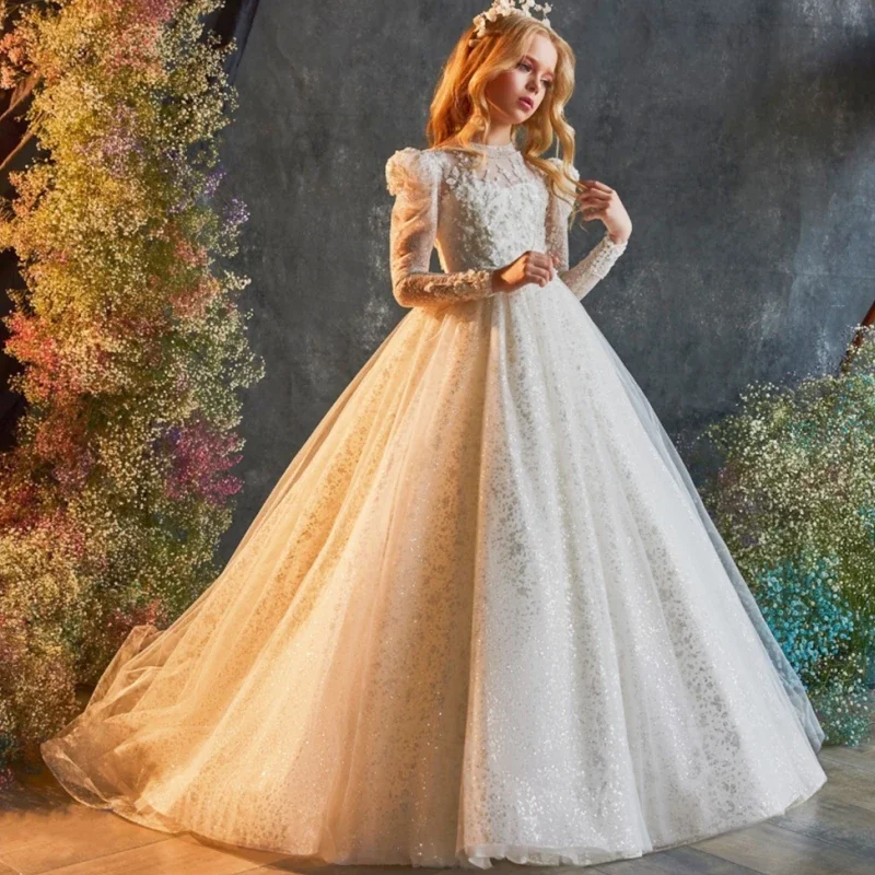 Abito da damigella d'onore per la festa di nozze abiti da battesimo a farfalla Tulle manica lunga collo alto Appliques abito da prima comunione