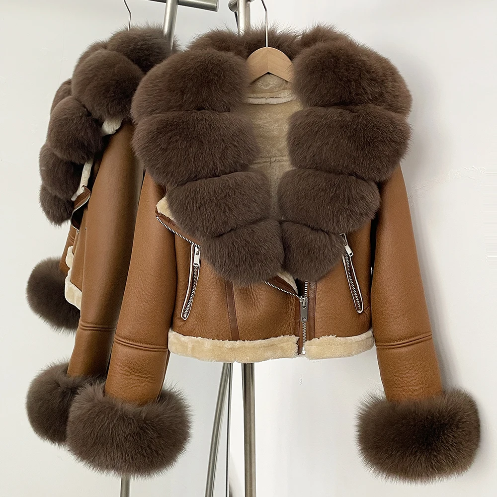 Jaqueta de pele de realidade inverno punhos de pele real roupas femininas curto couro falso pele jaqueta interna feminino grosso quente casaco de pele de raposa