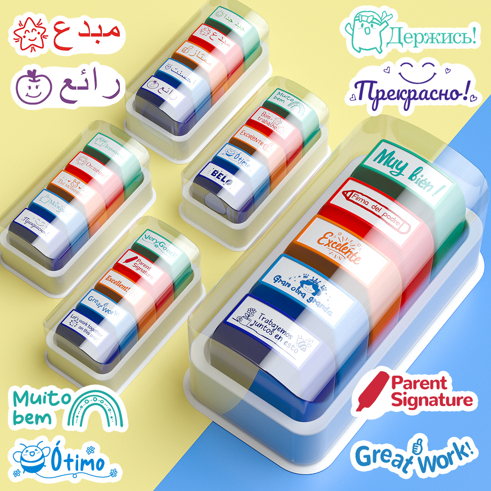 5-Piece Color Teacher's Review Seal English Arabic Portuguese Dutch Spanish Russian Can Be Selected to Encourage the Child