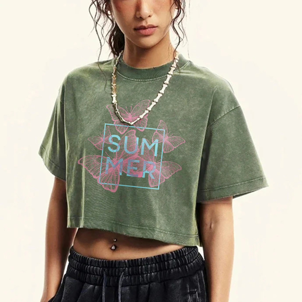 Camiseta corta lavada con estampado de mariposa rosa para mujer, camisetas de moda de verano, camiseta de manga corta de algodón con cuello redondo que combina con todo