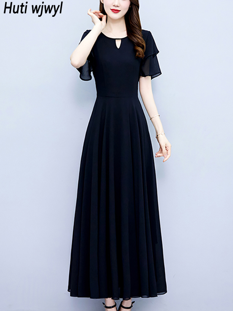 Vestido feminino chique de babados manga curta Midi, Hepburn vintage, robe longo de baile, monocromático, elegante vestido de festa bodycon, verão, preto, 2022