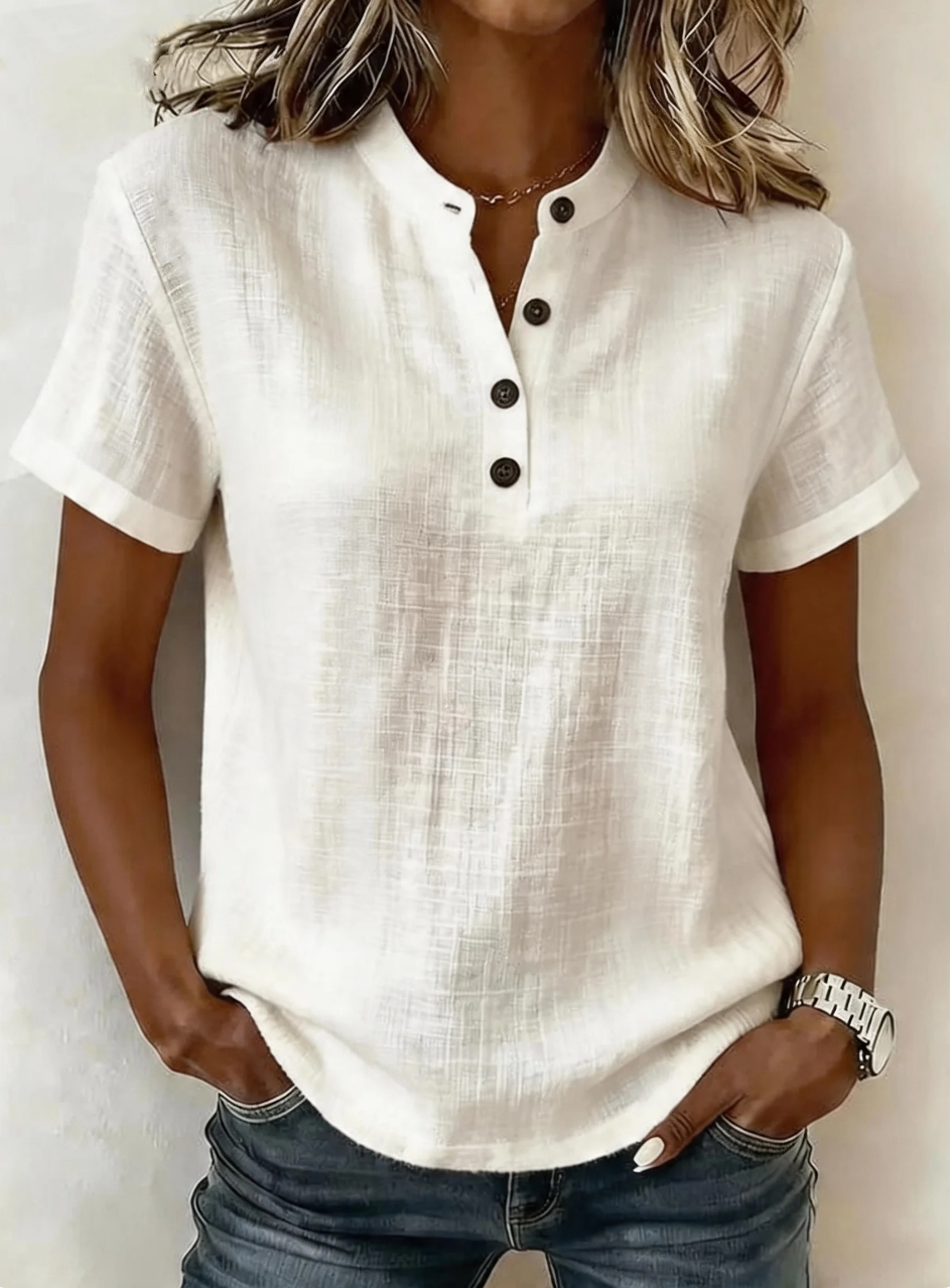 Damen Freizeitbluse mit Kurzen Ärmeln aus Leinenmischung Henley-Ausschnitt Knopfleiste Vorne Entspannte Passform Sommer-Bluse