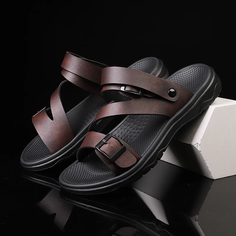 Sandales d'été pour hommes, pantoufles de Sport décontractées en plein air, en cuir PU, antidérapantes, respirantes, chaussures romaines, tongs de plage, chaussures de jardin