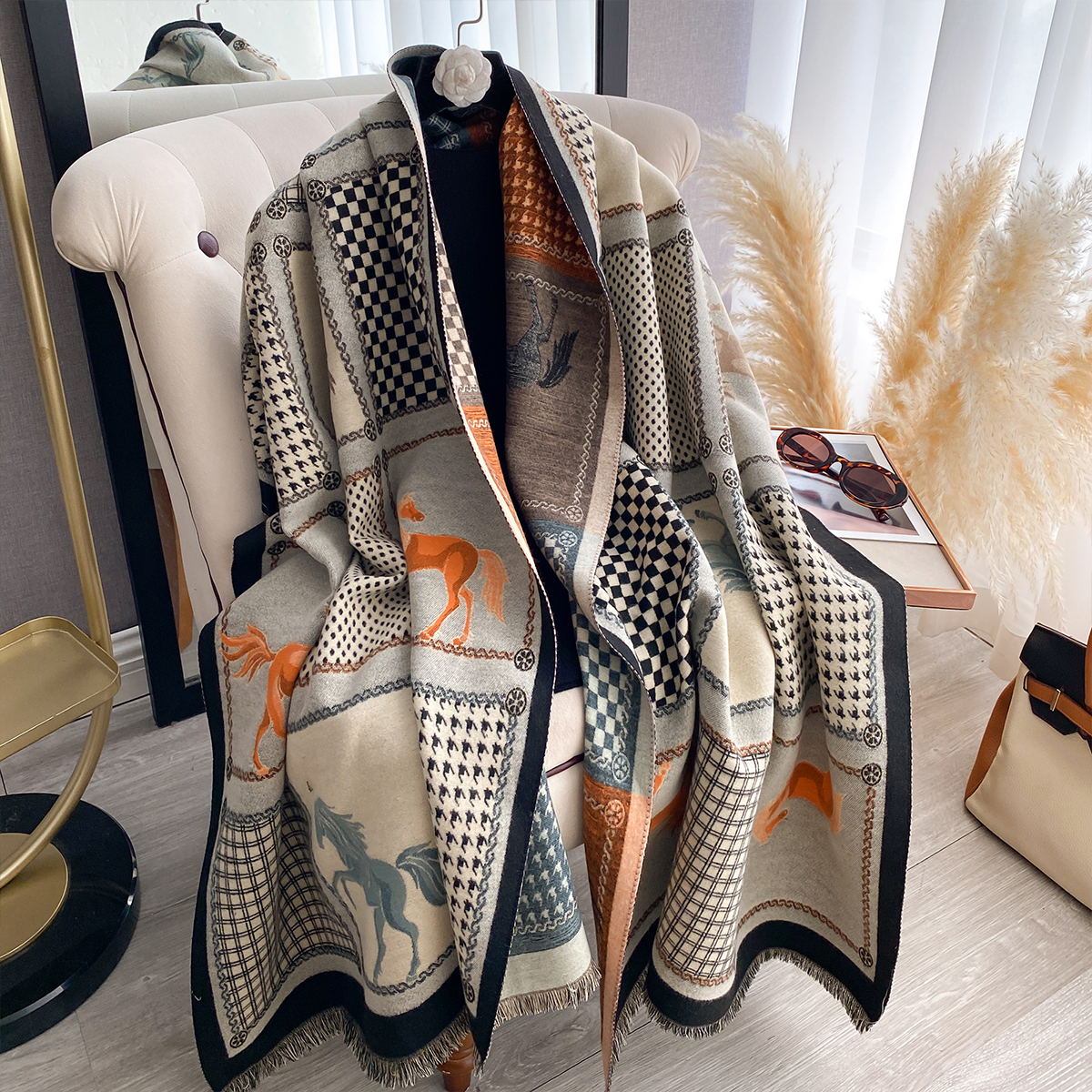 Nova marca de luxo dupla face jacquard cachecol cashmere macio quente franja pashmina o cavalo xale inverno à prova de frio cobertor à prova de vento