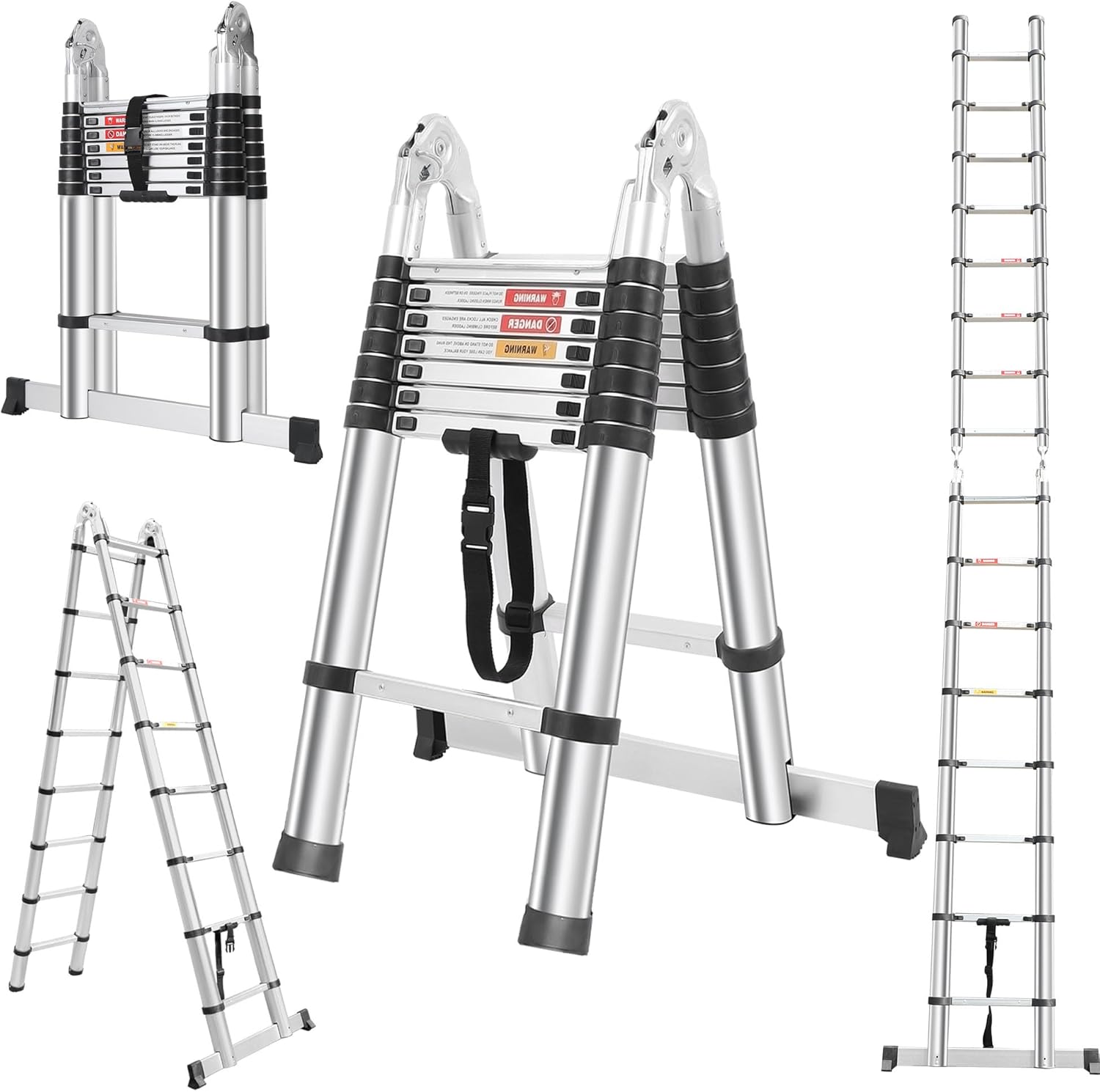 Escalera Telescópica en A, Extensible de Aluminio Ligero de 16.5 Pies con 2 Estabilizadores Triangulares y Ruedas con Barra Estabilizadora, Multiusos