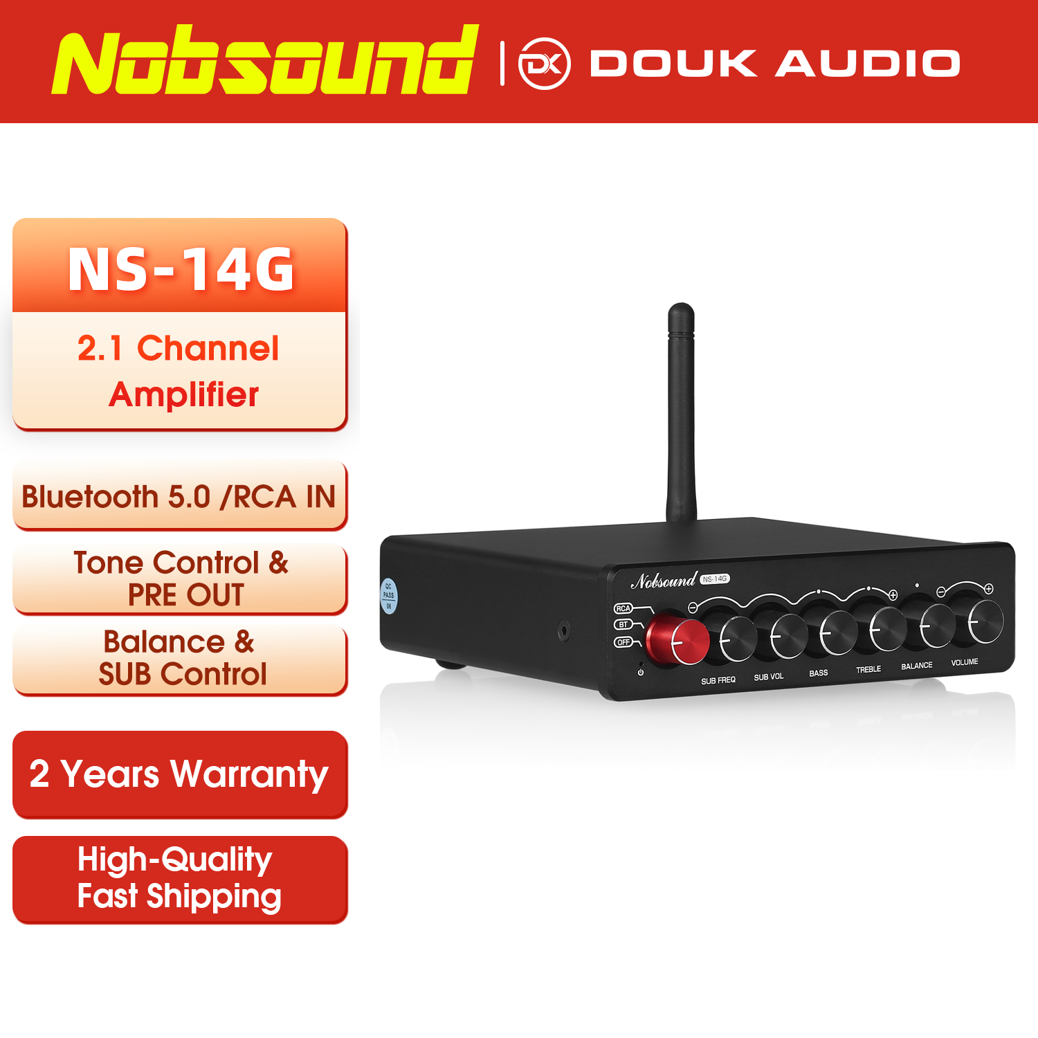 Nobsound NS-14G, penguat Digital HiFi Bluetooth TPA3116 saluran 2.1, Subwoofer Desktop AUX, daya 50W * 2 + 100W