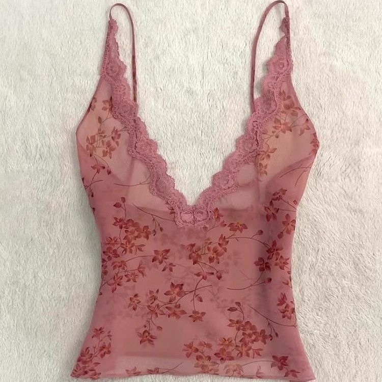 Camicetta Estiva Floreale da Donna con Scollo all'Americana in Pizzo, Stile Vintage Sexy Slim, Top Femminile alla Moda Coreana, Outfit Elegante, Canotta