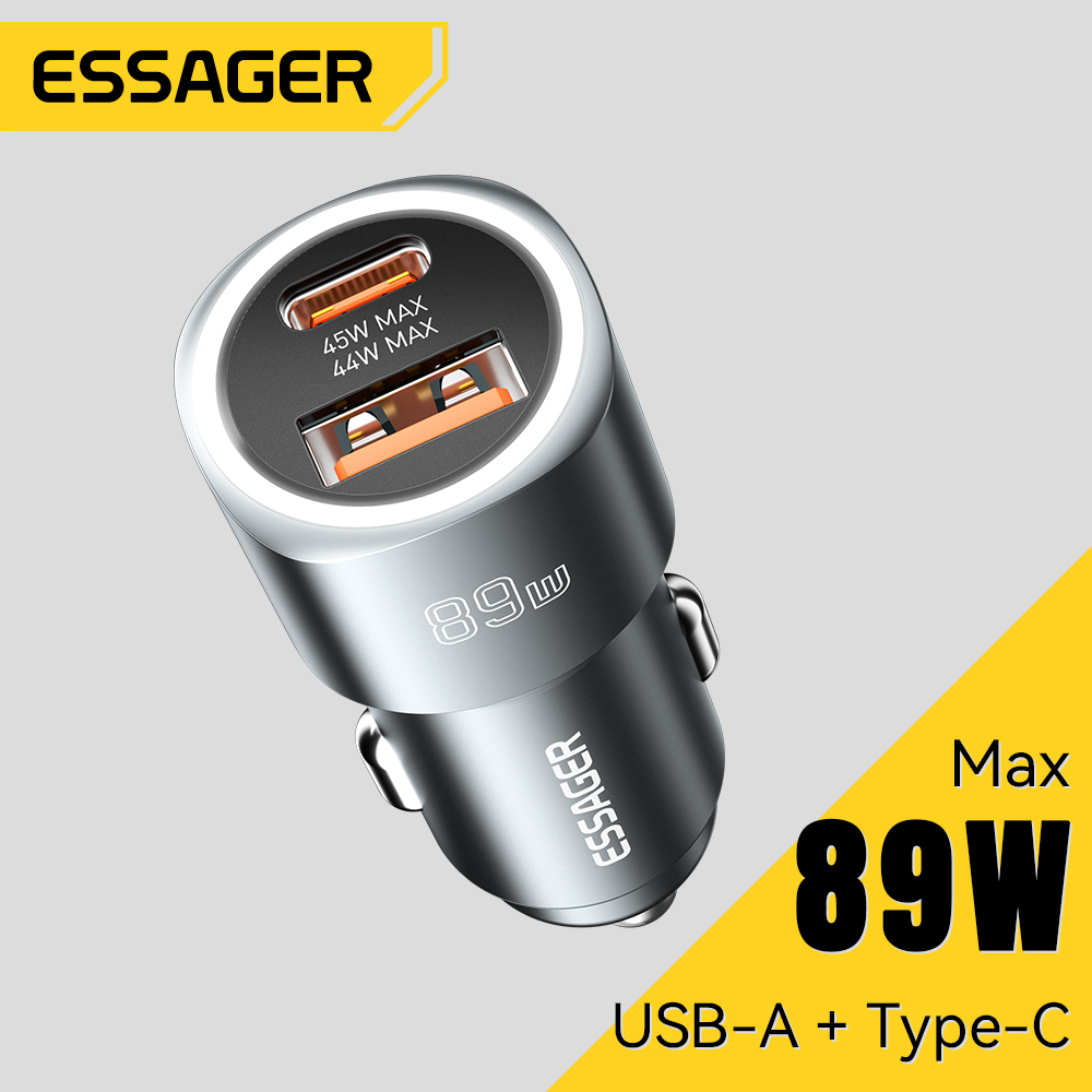 Essager pengisi daya mobil 89W, pengisi daya Cepat Port ganda QC 4.0 3.0 untuk iPhone 15Pro Xiaomi Huawei Samsung USB Tipe C