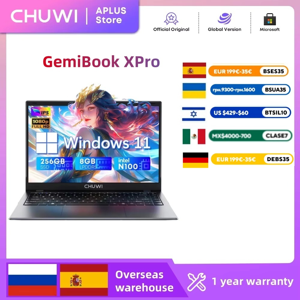Laptop CHUWI GemiBook XPro 8GB LPDDR5 256GB SSD Intel N100/N150 UHD Graphics 12. generacji 14.1'' FHD 1920*1080 Windows 11 Laptopy
