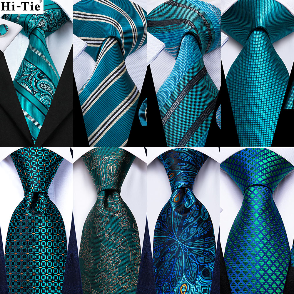 Dasi Pernikahan Desainer Mewah Bergaris Hijau Teal untuk Pria Dasi Pria Kancing Manset Handky Dasi Pria Fashion Bisnis Pesta Sutra Dropship Hi-Tie