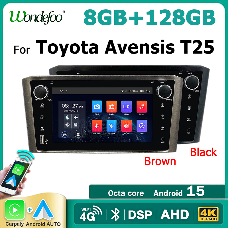 Radio de coche con CarPlay inalámbrico Android 15 de 7 pulgadas para Toyota Avensis T25 2002-2008, reproductor multimedia estéreo Android AUTO con bluetooth, 2 DIN
