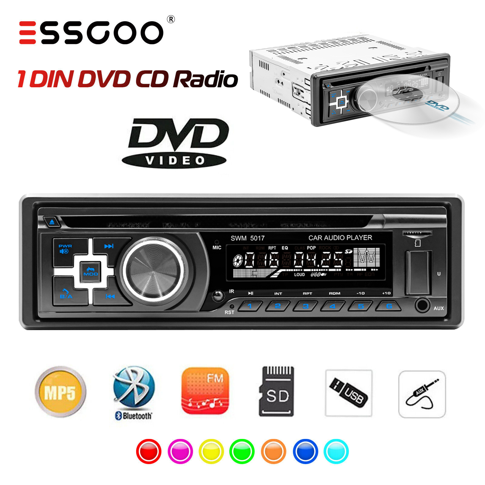 ESSGOO Uniwersalny Odtwarzacz CD DVD Radio Samochodowe Jednostka Główna USB/SD TF AUX Bluetooth 4.0 Handsfree Mono 1 DIN Radio FM MP3