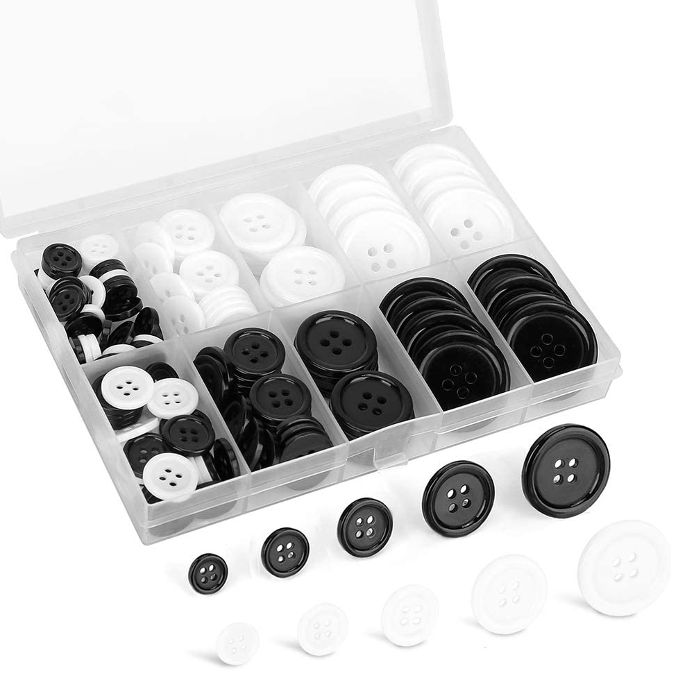 Botões de costura redondos com parte traseira lisa, 160 peças, com caixa de armazenamento, preto, branco, 4 buracos, 5 tamanhos, camisa, roupas, botões de resina para costura, artesanato