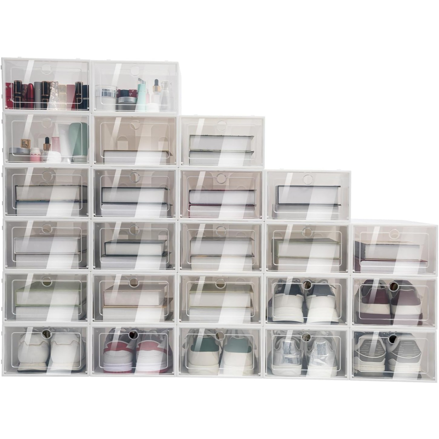 Paquete de 24 cajas de almacenamiento de zapatos, organizador de zapatos apilable de plástico transparente, Zapatero plegable, organización para el hogar y la oficina que ahorra espacio