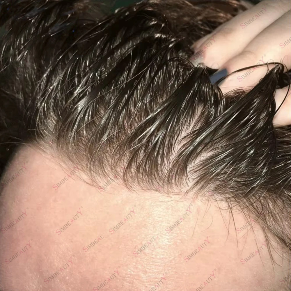 Línea de cabello Natural 0,02mm Base de piel súper fina peluquín para hombres 80 ~ 90% densidad gris cabello humano masculino sistema de prótesis capilar pelucas