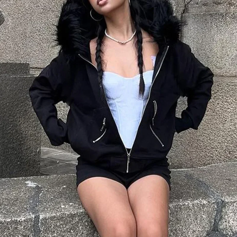Sudaderas con capucha informales con cremallera y cuello de piel para mujer, ropa de calle elegante, cárdigans con bolsillos estéticos, moda vintage