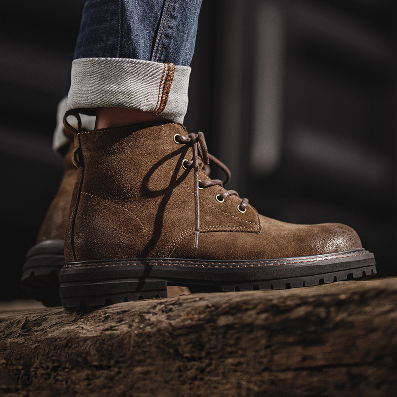 Maden Men's Vintage Split Suede Boots Brown High-Top Work Boots Lace-Up Desert Ankle Rugged Sole Boots Outdoor Winter Fall Shoes