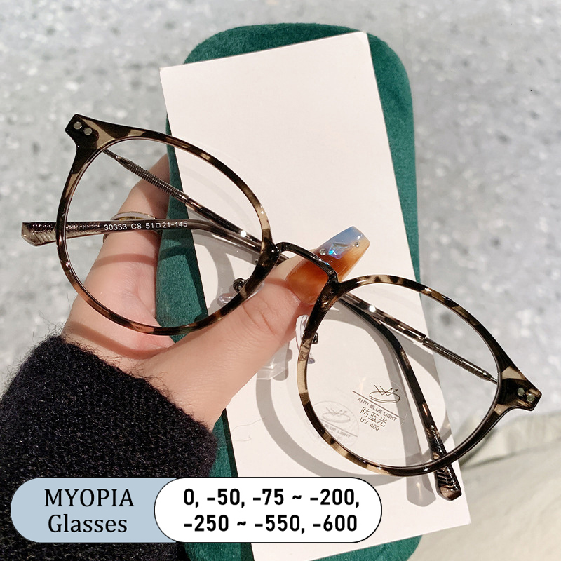 Lunettes de myopie personnalisées pour femmes, Design de marque à la mode, monture ronde léopard, Anti-lumière bleue, ombre photochromique 0 à-600