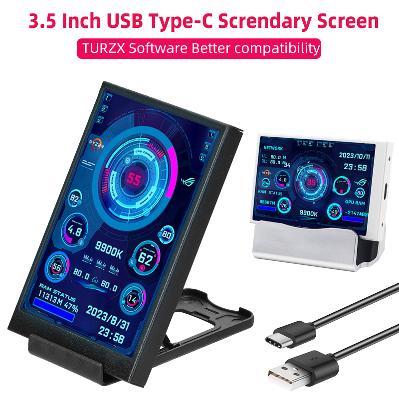 3,5-дюймовый IPS-экран TYPE-C, дополнительный дисплей 320*480 для компьютера, монитор для отображения данных CPU/GPU/RAM/HDD/USB, держатель-корпус LCD, свободно совместим с AIDA64