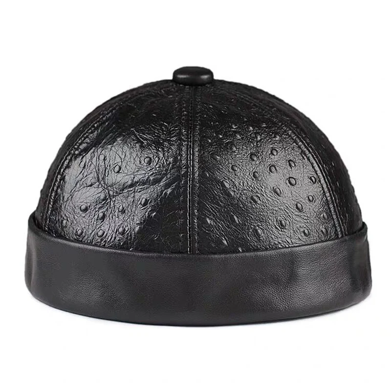 Topi kulit domba gaya China, topi kulit domba tanpa tepi hangat bulat untuk pria musim dingin dan musim gugur