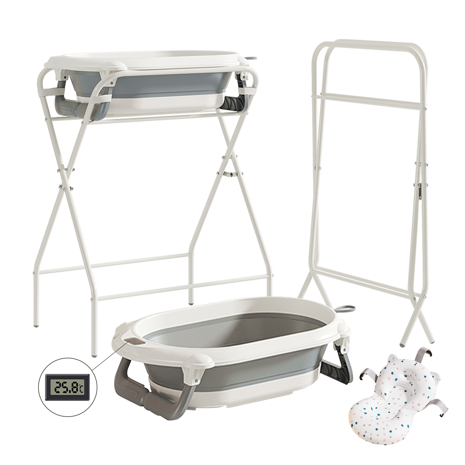 Bagnetto per bambini 3 in 1 con supporto, vasca da bagno pieghevole per neonati da neonato con termometro e cuscino da bagno, multifunzionale, grigio
