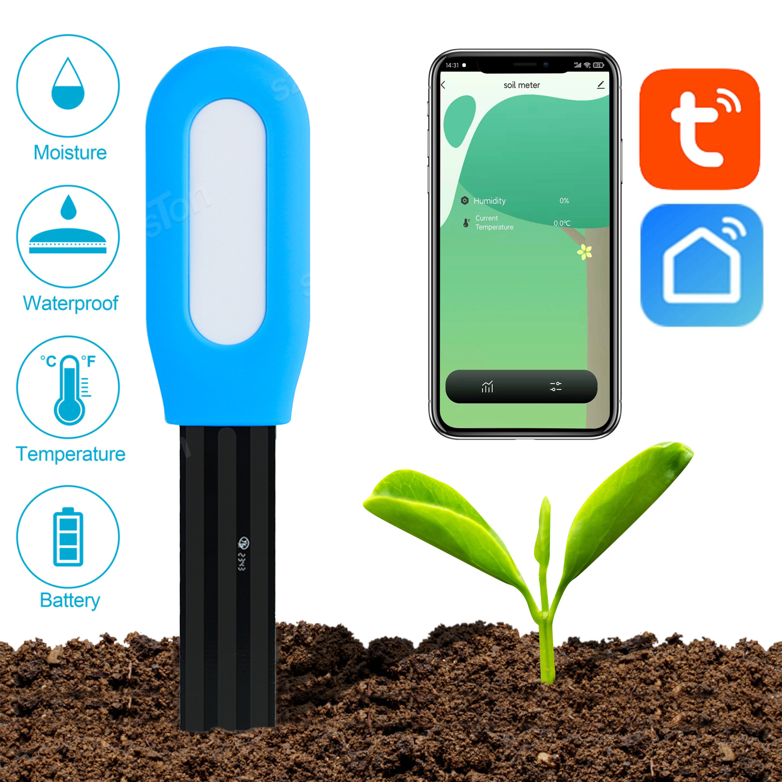 Tuya BT-medidor inalámbrico de humedad del suelo 2 en 1, Monitor de temperatura y humedad del suelo, herramienta de medición de plantas en maceta, probador inteligente de suelo