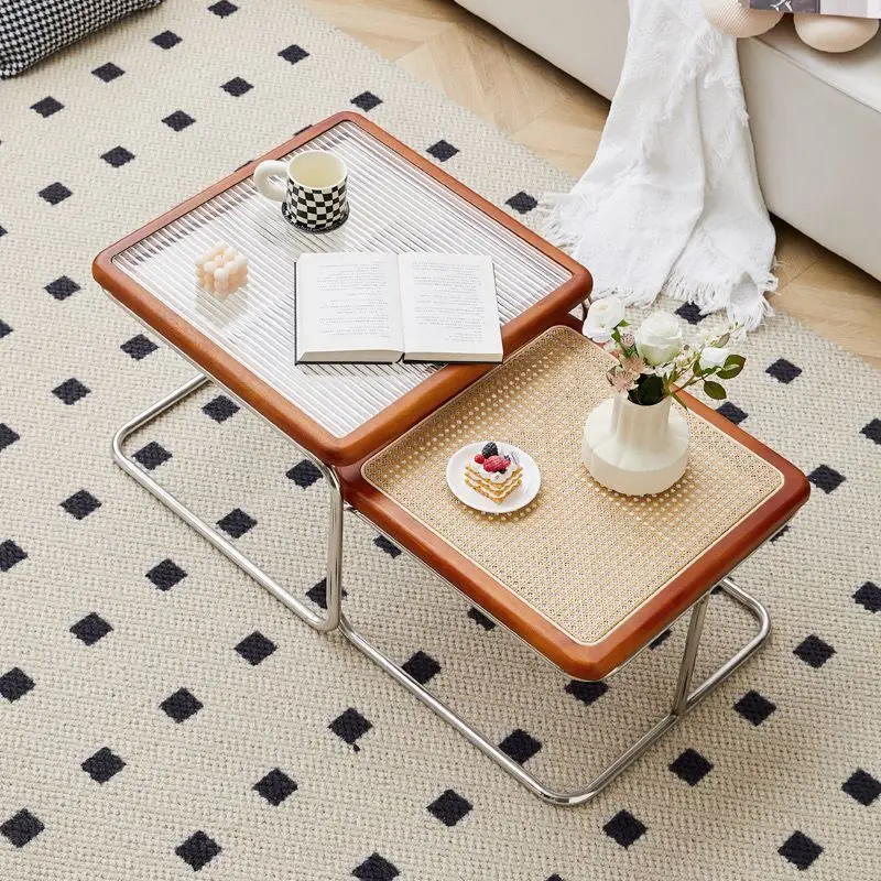 Nordic Rattan Combination Coffee Sofa Table Set Stainless Steel Solid Wood Glass Combination Modern Simple Style Wood Tables