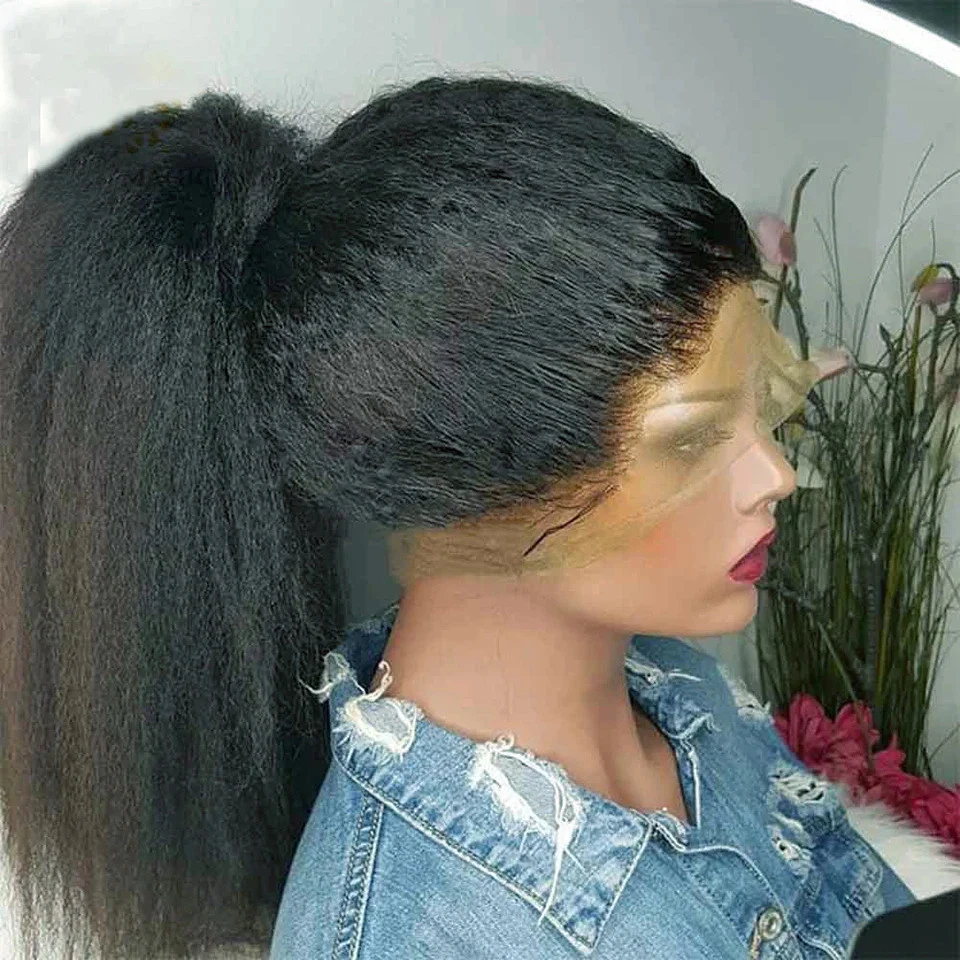 Peruca de Cabelo Humano Liso Kinky 360 Lace Front Pré-Alongada com Baby Hair, Densidade 180%, com Cordão Ajustável, Peruca Yaki Liso 360 13x4 com Renda HD Transparente para Mulheres Negras
