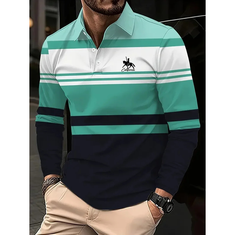 Klasyczna minimalistyczna koszulka polo męska w paski z długim rękawem, modna jesienno-zimowa męska odzież sportowa golfowa oversize.