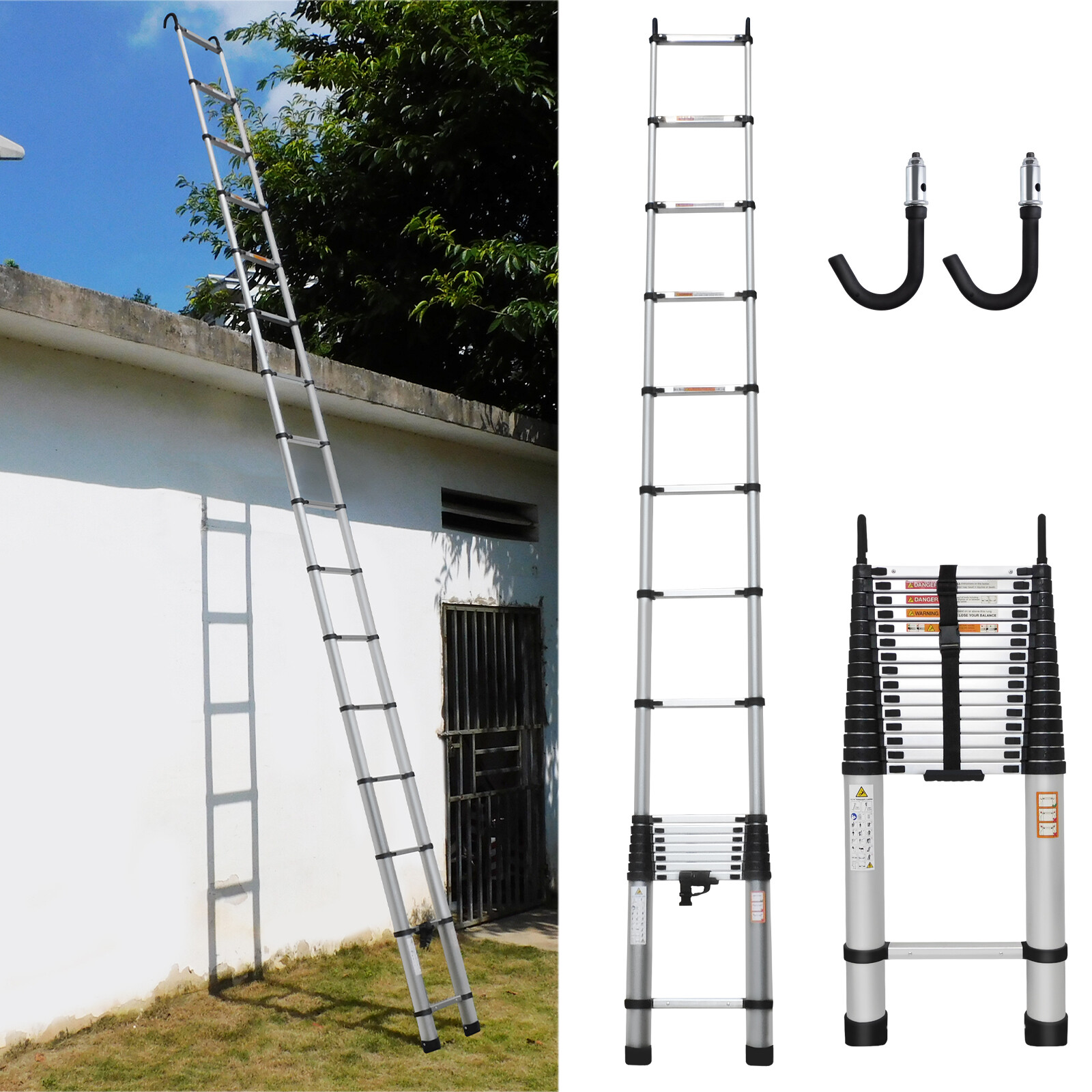 BRIEFNESS 6,2M/20,3FT multifunctionele aluminium telescopische ladder met afneembare haken en uitschuifbare treden, laadvermogen 150 kg, antislip