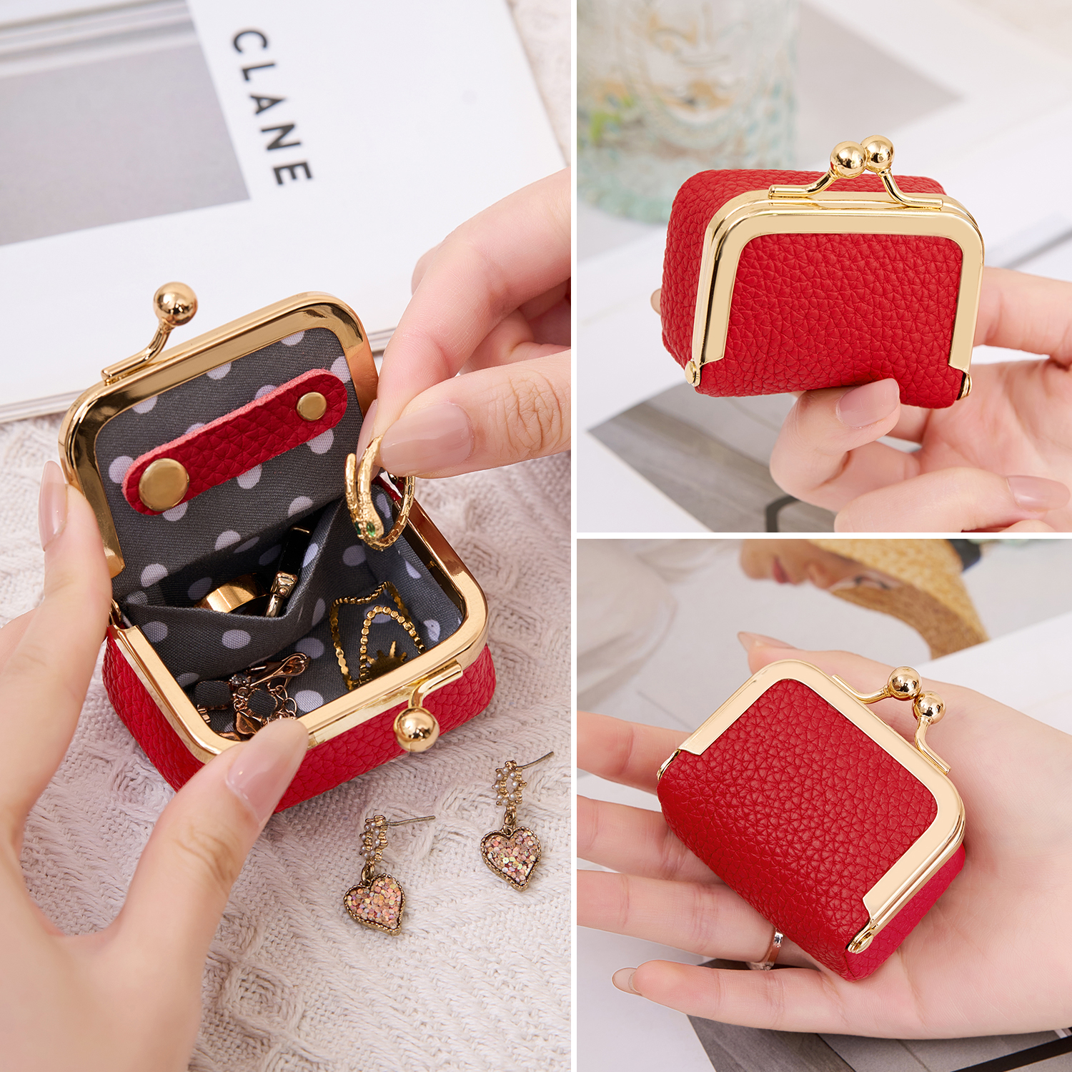 Nowe mini etui na biżuterię damskie z ekoskóry w jednolitym kolorze, do przechowywania pierścionków, naszyjników, kolczyków, przenośna portmonetka z zapięciem na zatrzask.